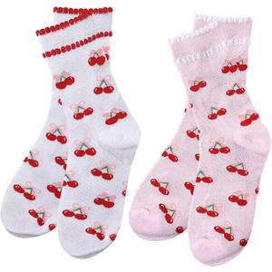 6 Pairs Women Cute Bow Cherry Crew Socks Casual Athletic Cotton Bowknot Cherry Calf Novelty Socks for Women Girls