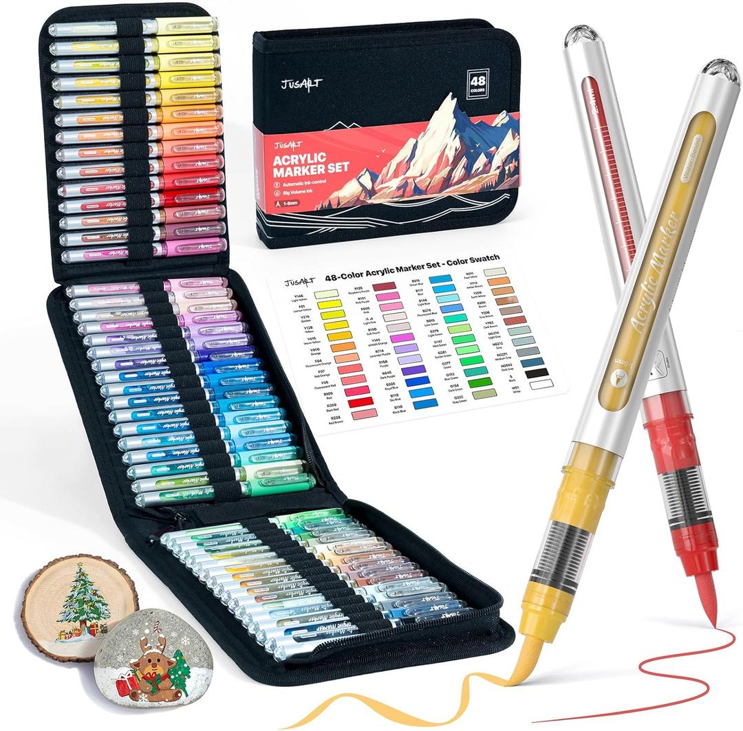 JusArt 48 Colors Acrylic Paint Markers with Canvas Bag, Water-Based No-Bleed Paint Pens with Automatic Ink Control, Waterproof Brush Tip Markers for DIY Art & Crafts -Fabric, Rock, Wood, Glass, Metal