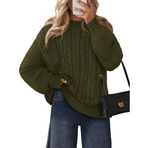 MEROKEETY Women's Fall Cable Knit Sweaters 2025 Long Lantern Sleeve Crewneck Chunky Loose Pullover Tops Winter Clothes (X-Large, Army Green)