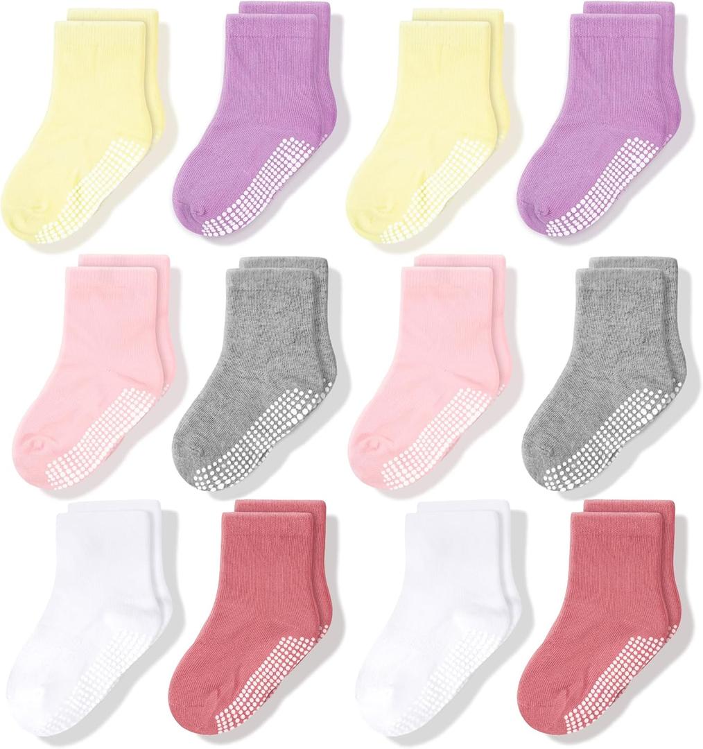 CozyWay Kids Socks With Grippers Non Slip Crew Grip Socks for Girls and Boys Soft Comfy Cotton Unisex - 12 Pack (7-9 Years, Pink & Purple)