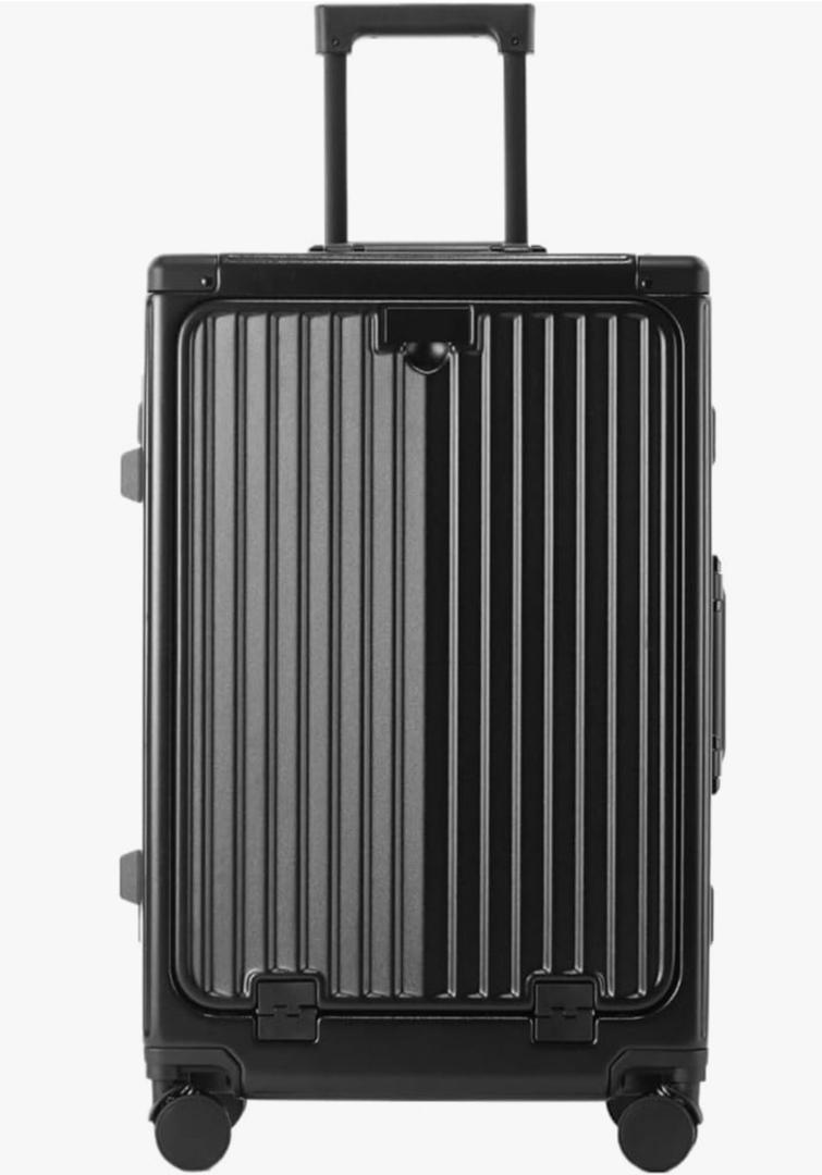 Suitcases Suitcase with Front Opening Aluminum Frame Multifunctional Cup Holder USB Charging Trolley Case Boarding Case Suitcases with Wheels(Black,24in)
