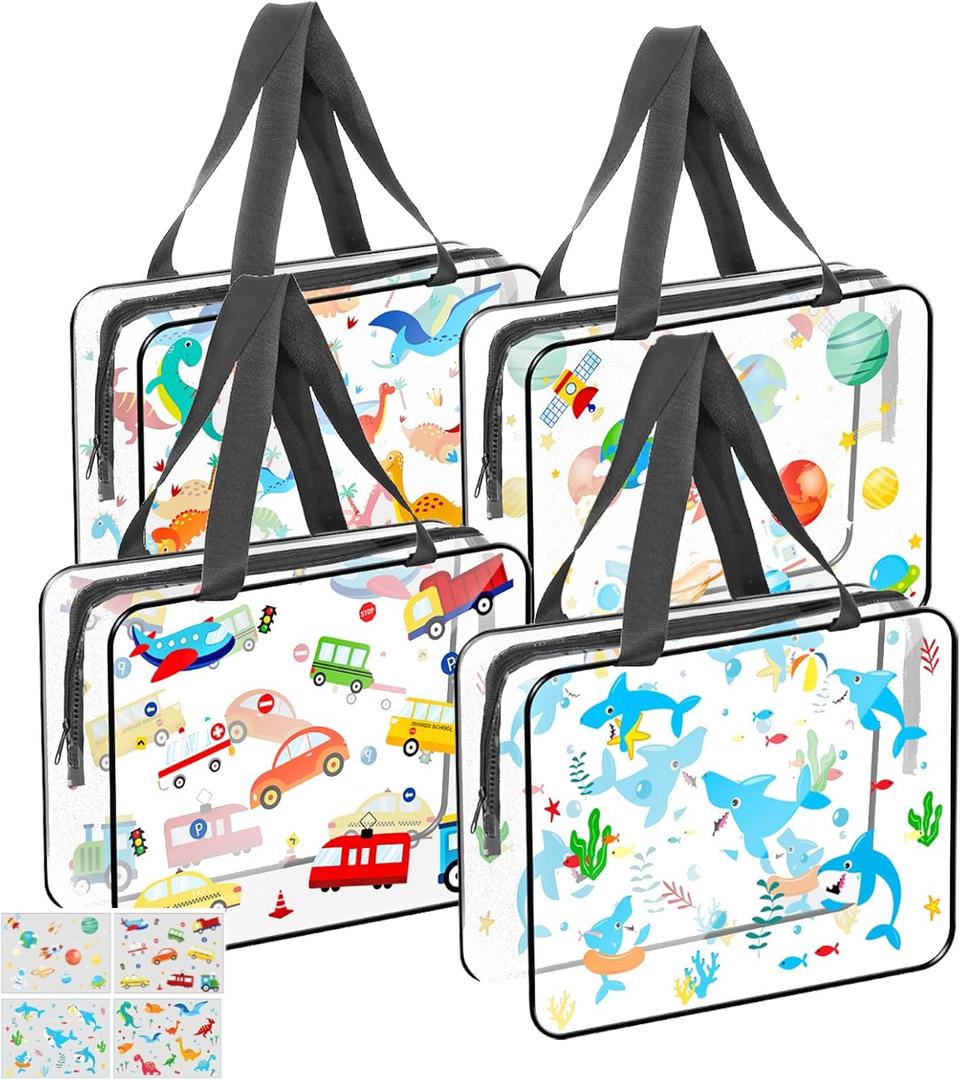 Toy Storage Bags with Zipper,Organizer Bags for Toy with Dinosaur Pattern PVC Waterproof Toy Bags with Handle, for Toys Building Blocks Puzzle (4 Packs)