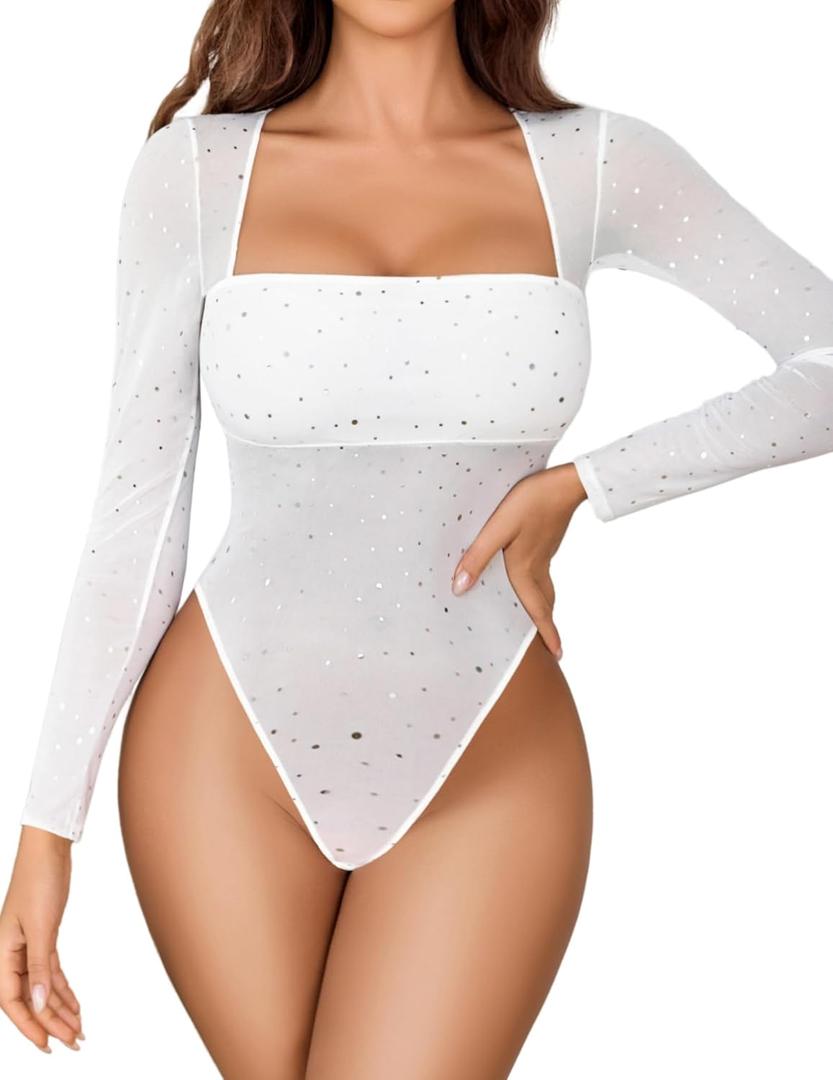 Avidlove Women's Trendy Sexy Square Neck Long Sleeve Rhinestone Sheer Mesh Bodysuits Tops (Medium, White)