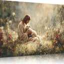 Jesus and Lamb Canvas Wall Art Jesus Holding The Lost Lamb Wall Decor Good Shepherd Poster God Leaves the 99 Sheep Pictures Christian Religious Painting for Living Room Church Prayer Room 24x16in (16x24in)