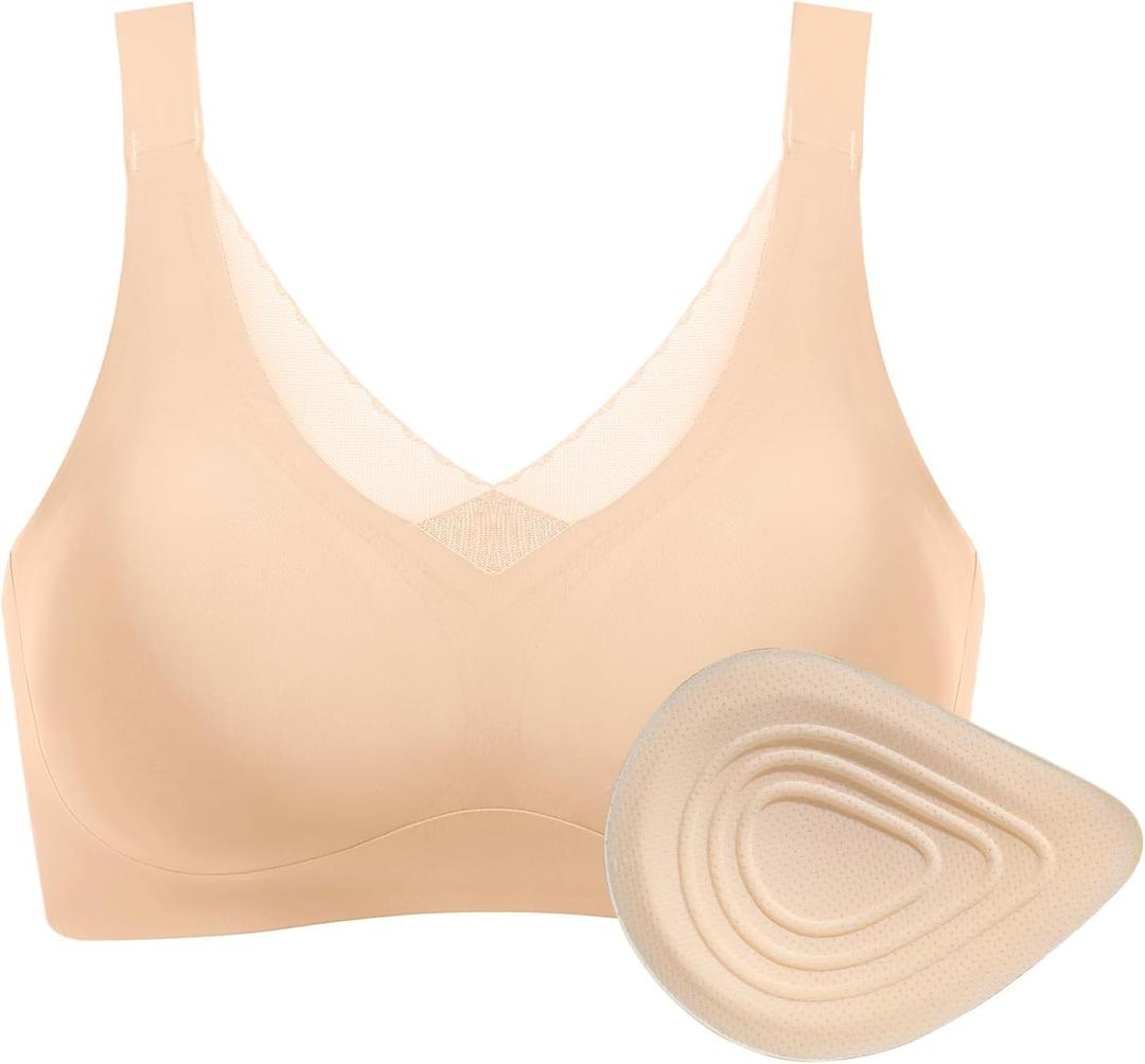 Seamless Post-Surgery Bra for Women, Pocket Mastectomy Bras for Breast Prosthesis with Cotton Breast Forms Set, Size 42 (Beige)