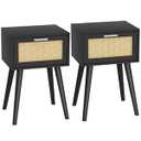 LAATOOREE Nightstand Set of 2, Small End Table with Rattan Door, Bedside Table with Solid Wood Feet, Boho Side Table for Bedroom Living Room Small Space - Black
