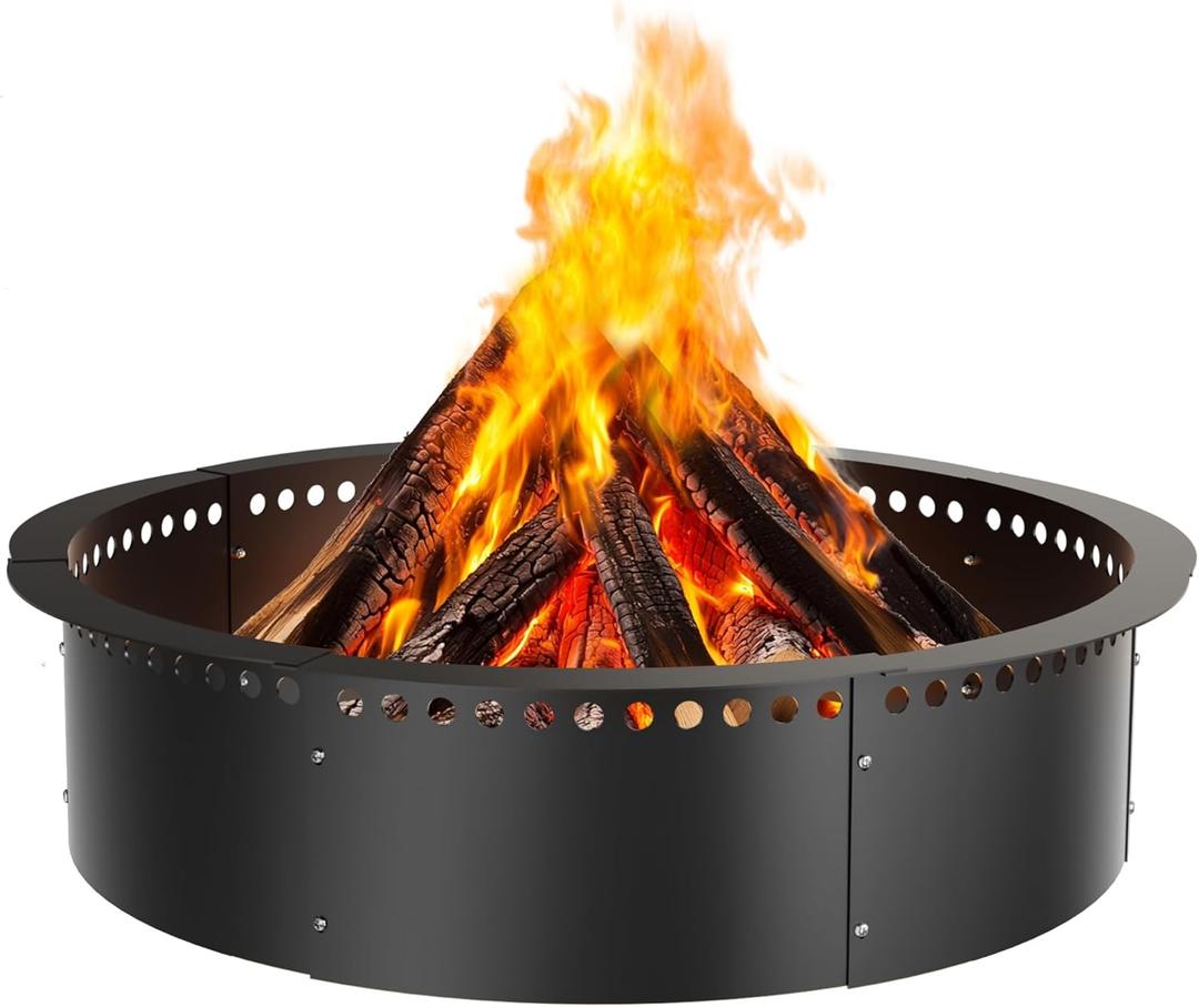 Smokeless Fire Pit Ring, 35-Inch Outer/31-Inch Inner Heavy Duty Large Solid Metal Steel Flower Shape Firepit Rim Insert for Outside Wood Burning, DIY Campfire Ring (Black)