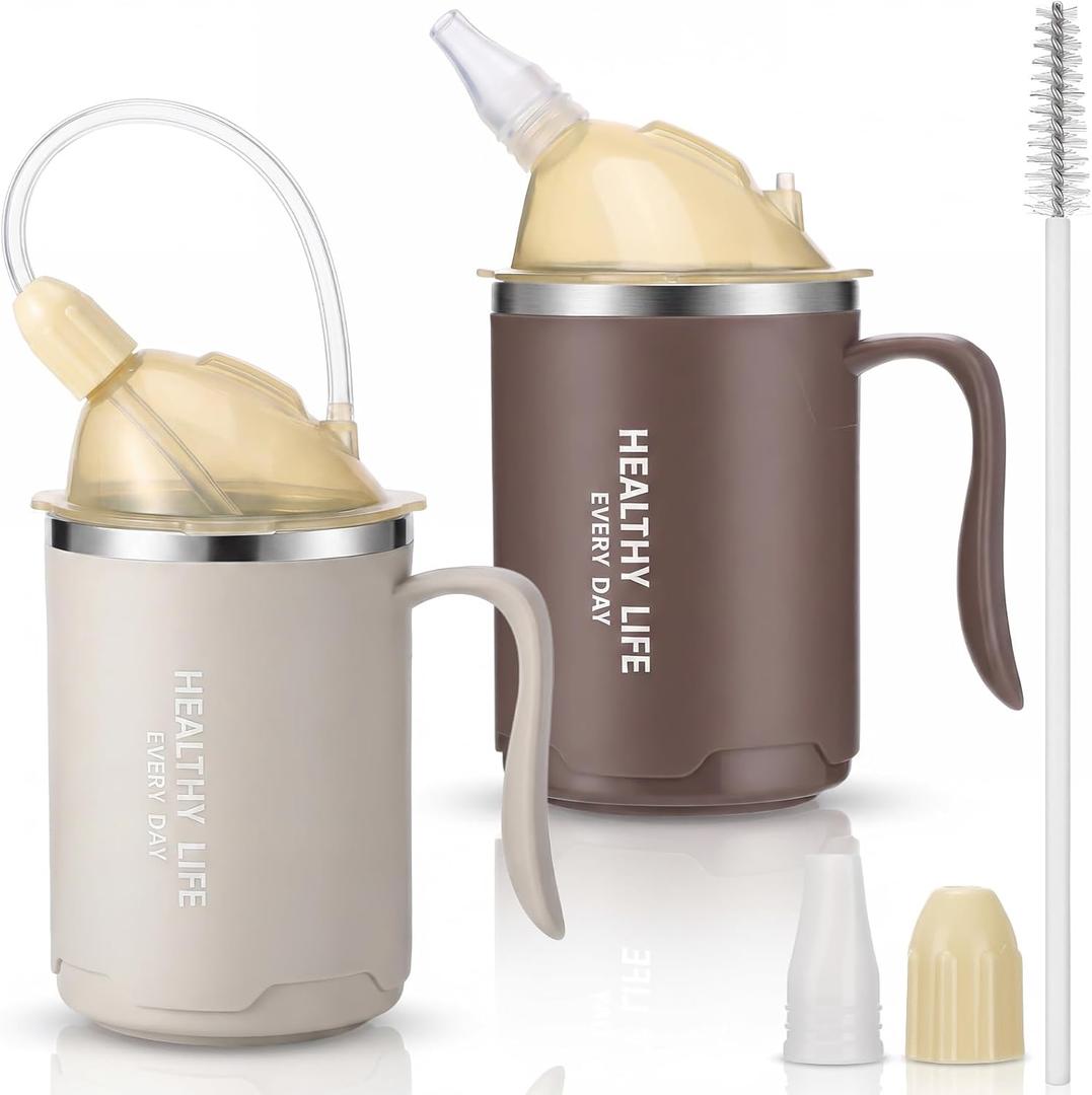 2 Pack Adult Sippy Cups, 14oz Spill Proof Cups with Straw for Elderly, 3 in 1 Stainless Steel Cup with 3 Lids & Handles, No Spill Cup for Seniors, Water Milk Soup (grayish Brown & Beige)