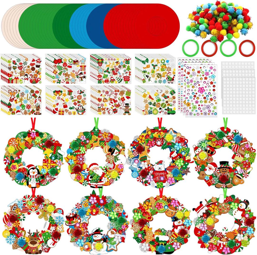 48 Sets Christmas Wreath Craft Kits for DIY Santa Claus Wreath Hanging Ornaments Make Your Own Paper Xmas Craft with Stickers for Christmas Party Favors School Classroom Activities