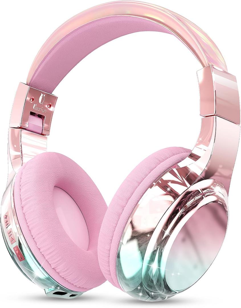 QearFun Kids Bluetooth 5.3 Headphones, Wireless Metallic Gradient Headset, Lightweight Foldable On Ear Headphones with Aux Cord, Fast Charging, Built-in Mic, for School/Travel/Tablet/iPad (Pink)