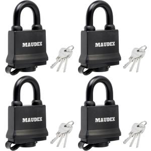 Maudex IP450 Heavy Duty Padlocks 4-Pack with 12 Same Keys - Weatherproof Outdoor Locks with Hardened Steel Shackle, Waterproof Protection for Gates, Sheds, Fences, Storage Units