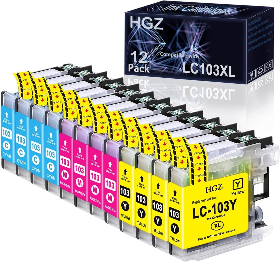 HGZ LC103XL Compatible Color Ink Cartridge Replacement for LC103 LC103XL Worked for MFC J870DW J450DW J470DW J650DW J4410DW J4510DW J4710DW J6720 (4 Cyan, 4 Magenta, 4 Yellow, 12 Pack)