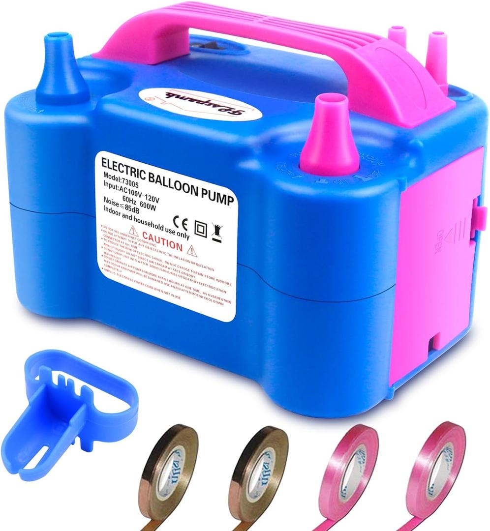 FLSEPAMB Balloon Pump, Electric Balloon Pump, Portable Dual Nozzle 110V 600W Electric Balloon Blower, Balloon Pump Electric for Party Decorations with Tying Tool, Colored Ribbons (Blue)
