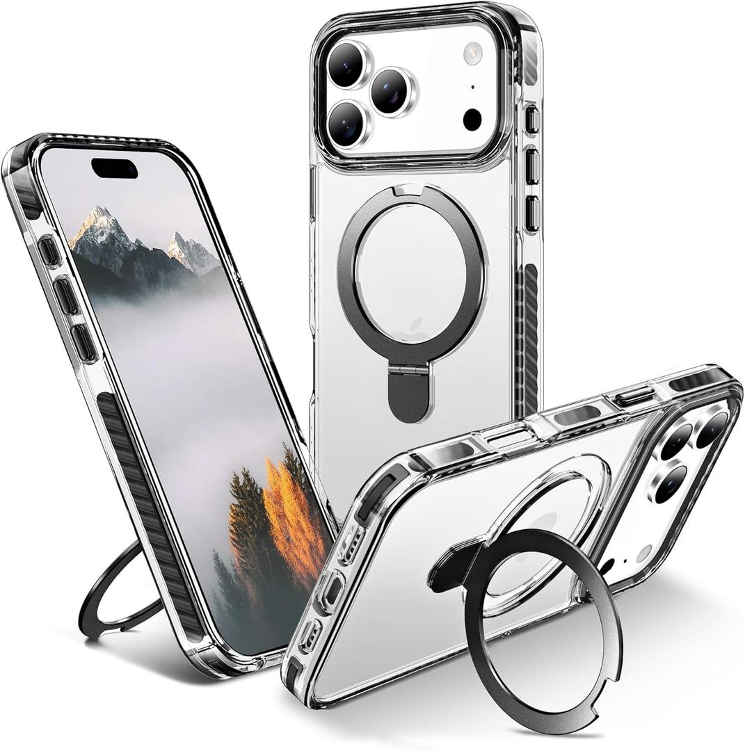 UMIONE for iPhone 17 Pro Max Clear Magnetic case with Stand and Finger Ring, Compatible with magsafe, Shockproof Transparent Hard Plate, Full Body case, Universal for Boys and Girls 6.9 - Black