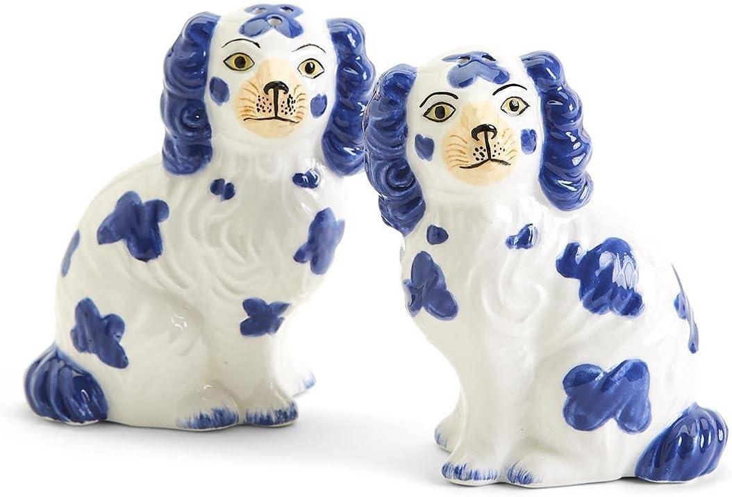 Staffordshire Dog Salt and Pepper Shaker Set - Hand-Painted Ceramic (Blue and White)