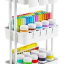 Pipishell 3 Tier Rolling Cart - Art & Craft Organizer Cart with Hanging Cups & Hooks - White Metal Storage Carts with Wheels Perfect for Craft Room, Office, Kitchen, Bedroom, Bathroom, Laundry Room