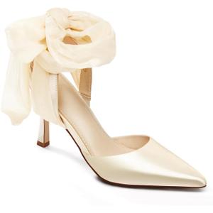 Womens Lace up Satin Heels Bow Pointed Closed Toe Bridal Dress Shoes Low Heel Wedding Elegant Pumps