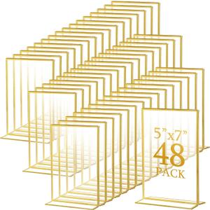 Hoteam Gold Acrylic Sign Holders, Gold Picture Frames Clear Wedding Table Numbers Double Sided Acrylic Holders for Wedding Restaurant Table Number Photos Menu Cards Art(48 Pack,5 x 7 Inch)