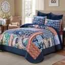 DJY Navy Patchwork Quilt Set Queen Size Blue Bedspread Boho Paisley Floral Pattern Quilt Bedding Set, 3 Pieces Blue Bohemian Soft Lightweight Coverlet for All Season 96''x90''
