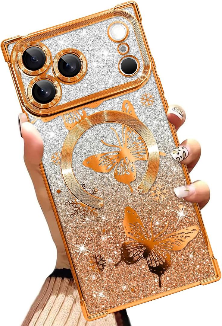 Magnetic Case Made for iPhone 17 Pro Max 6.9 Inch (Compatible with MagSafe) Glitter Phone Case with Orange Butterfly Design Soft TPU Reinforced Corners Shockproof Bling Phone Cover for Women