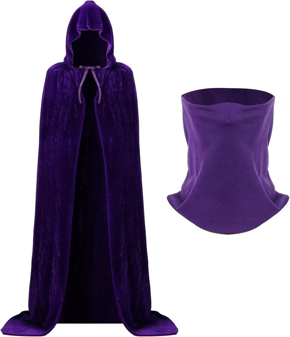 2 Pcs Witch Wizard Velvet Hooded Cape Unisex Robe Cloak with Neck Gaiter Face Mask for Cosplay Costumes Halloween (Purple, Large)