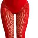 Fishnet Jumpsuit for Women Long Sleeve See Through Mesh Bodysuit Clubwear One Piece Stretchy Outfit (Small-Medium, Red)