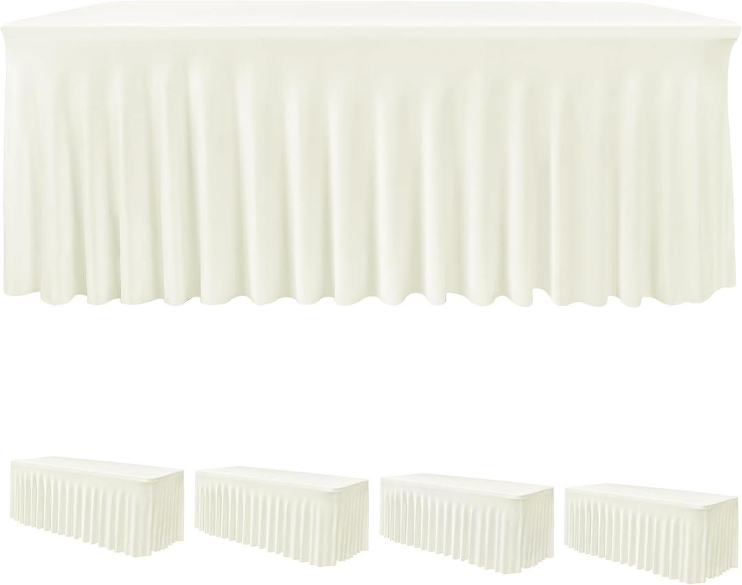 HolidayIdeas Spandex Table Skirts for Rectangle Tables 8 Ft, Fitted Stretch Table Cover 30x96 Inch, Wrinkle-Free Ruffle Design Tablecloths for Banquets,Trade Shows, Parties, Events, 4 Pack, Beige