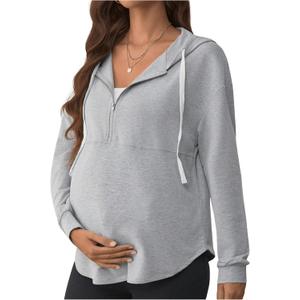 Women's Maternity Half Zip Sweatshirts Long Sleeve Drop Shoulder Drawstring Hoodie (Large, Grey)