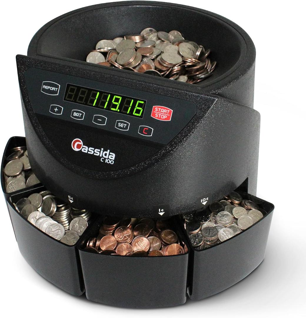 Cassida C100 Electronic Coin Sorter/Counter, Countable coins 1¢, 5¢, 10¢, 25¢, 250 coins/min, 110 VAC, Pack of 1