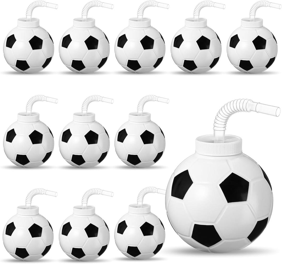 Sumind 12 Pcs Sport Ball Cups with Straws and Lids, 17 oz Plastic Cups Bulk for Adults Birthday Theme Party Sport Party Favors Supplies(Soccer)