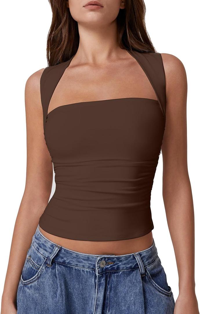 QINSEN Womens Square Neck Tank Tops Side Ruched Double Lined Slim Fit Summer Going Out Crop Top (Medium, Chestnut)