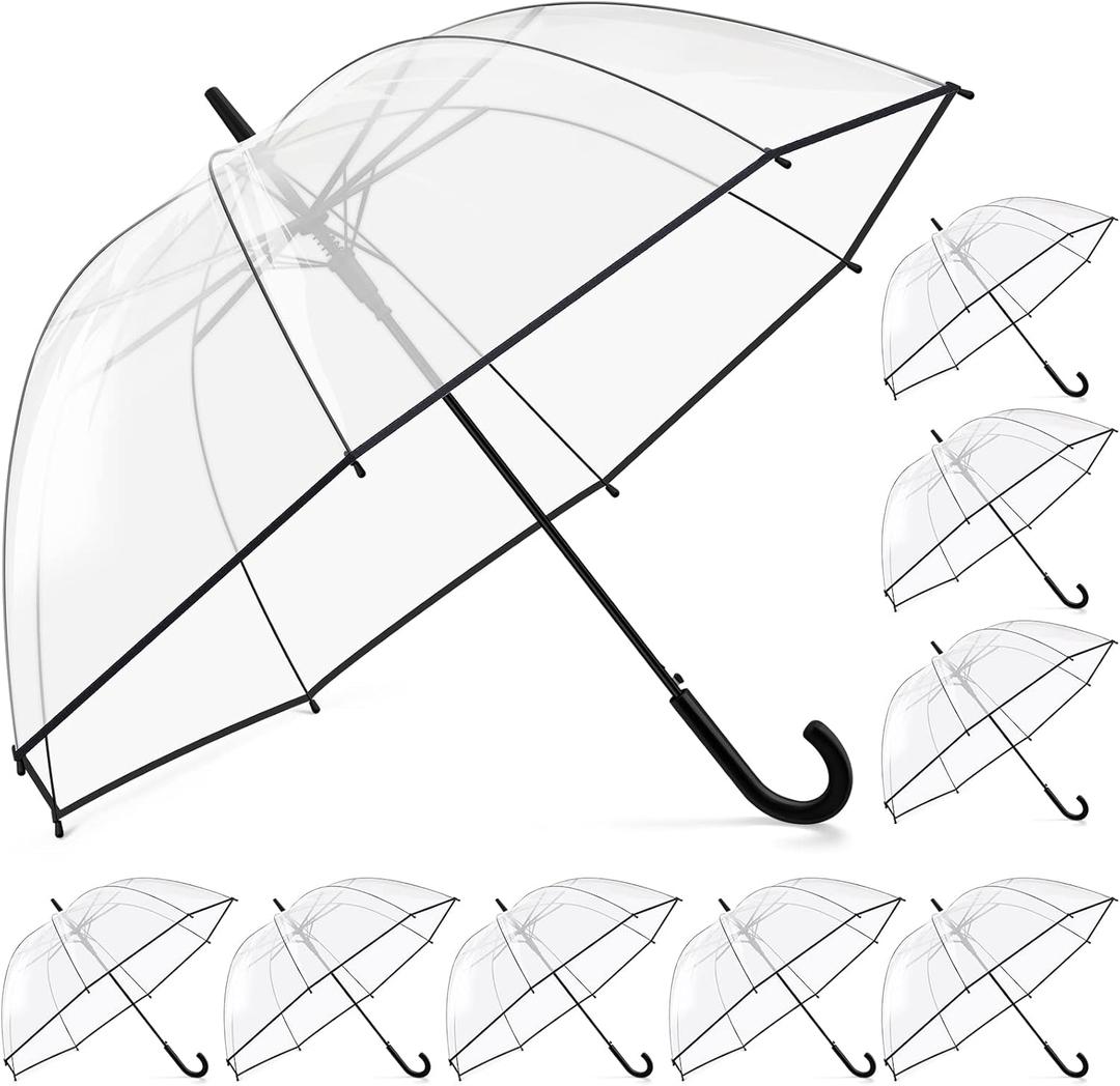 8 Pieces Clear Bubble Umbrella - Auto Open Dome Windproof for Rain, Wedding, Bride Groom Gifts, Bridal Party, Outing, Graduation, Prom - Transparent With J Hook Handle