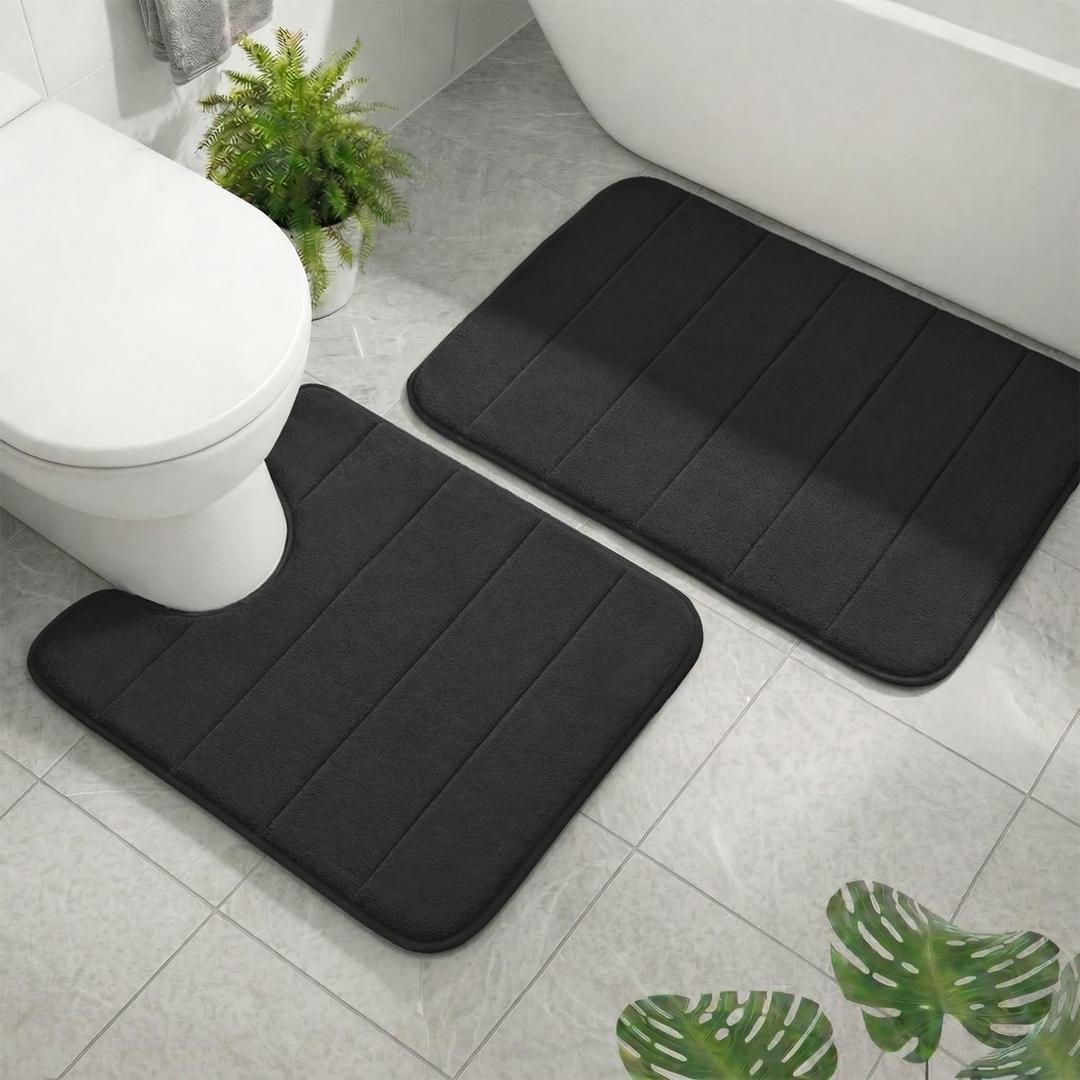 Memory Foam Bathroom Rugs Sets 2 Piece, Extra Soft Absorbent Quick Dry Bath Mat Set, with U-Shaped Toilet Rug, Machine Washable Non Slip Bath Rugs for Bathroom, Shower and Tub, Black