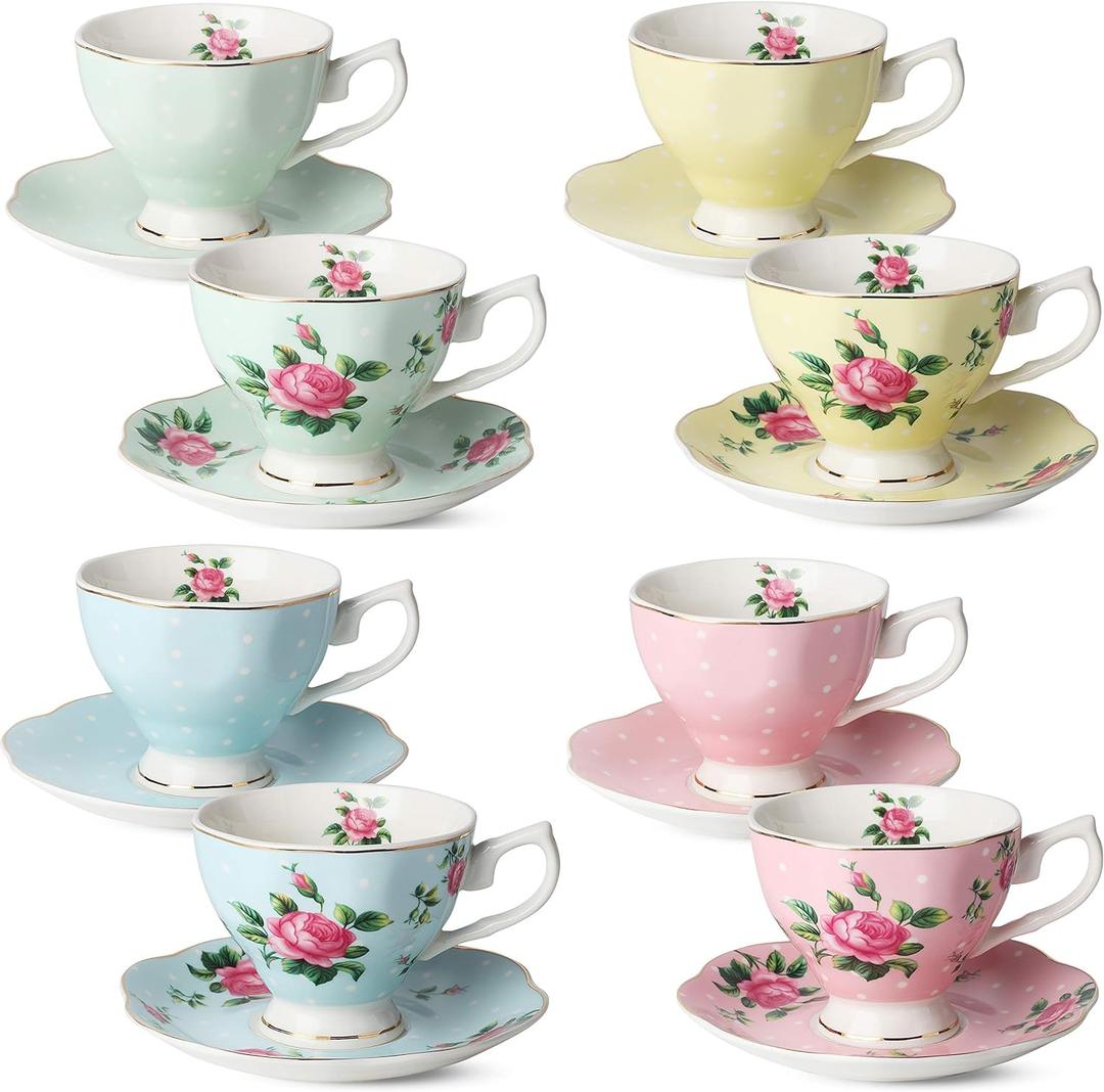 BTaT- Floral Tea Cups and Saucers Set of 8 (8 oz), Porcelain Tea Cup Sets, Assorted Colors with Gold Trim & Gift Box, Dishwasher Safe