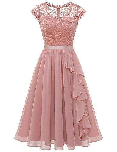 Women's V-Neck Wedding Guest Dresses Floral Lace Cocktail Party Swing Dress WT0212Blush S