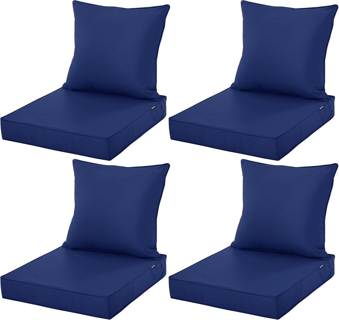 Outdoor Chair Cushions 24x24 Inch, Waterproof Fade Resistant Deep Seat and Backrest Cushion Set for Patio Furniture, Navy, Set of 4