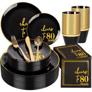 U-QE 20 Guests Black Plastic Birthday Plates - Include 80th Birthday Plates and Napkins, Gold Silverware, Gold Plastic Cups - Back in 1945 Party Plates for Men Women Cheers to 80 Years