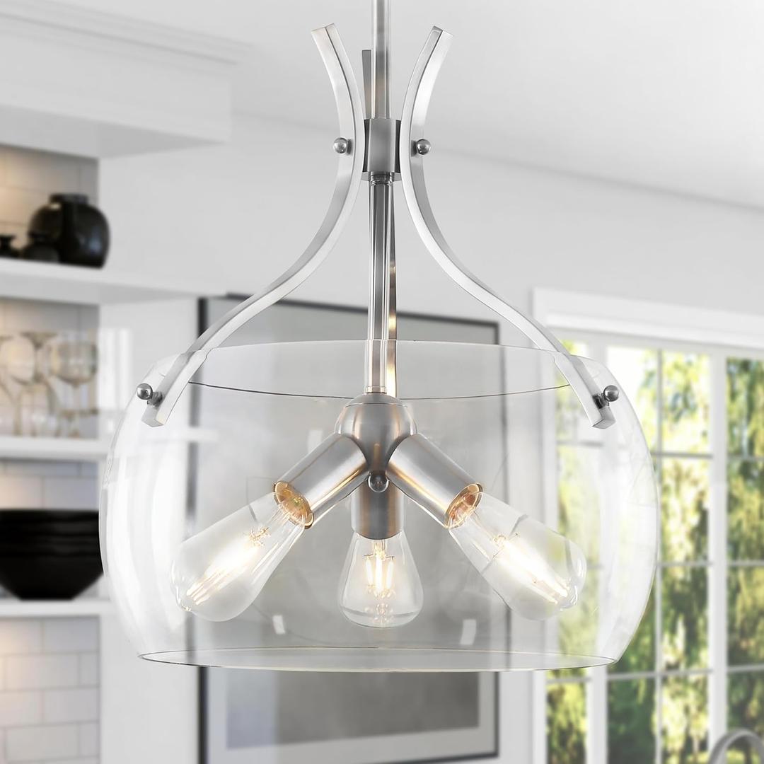 15.7" Modern Glass Chandelier,3-Light Brushed Nickel Chandelier with Clear Glass Shade, Farmhouse Round Hanging Light Fixture for Dining Room Kitchen lsland Hallway Foyer