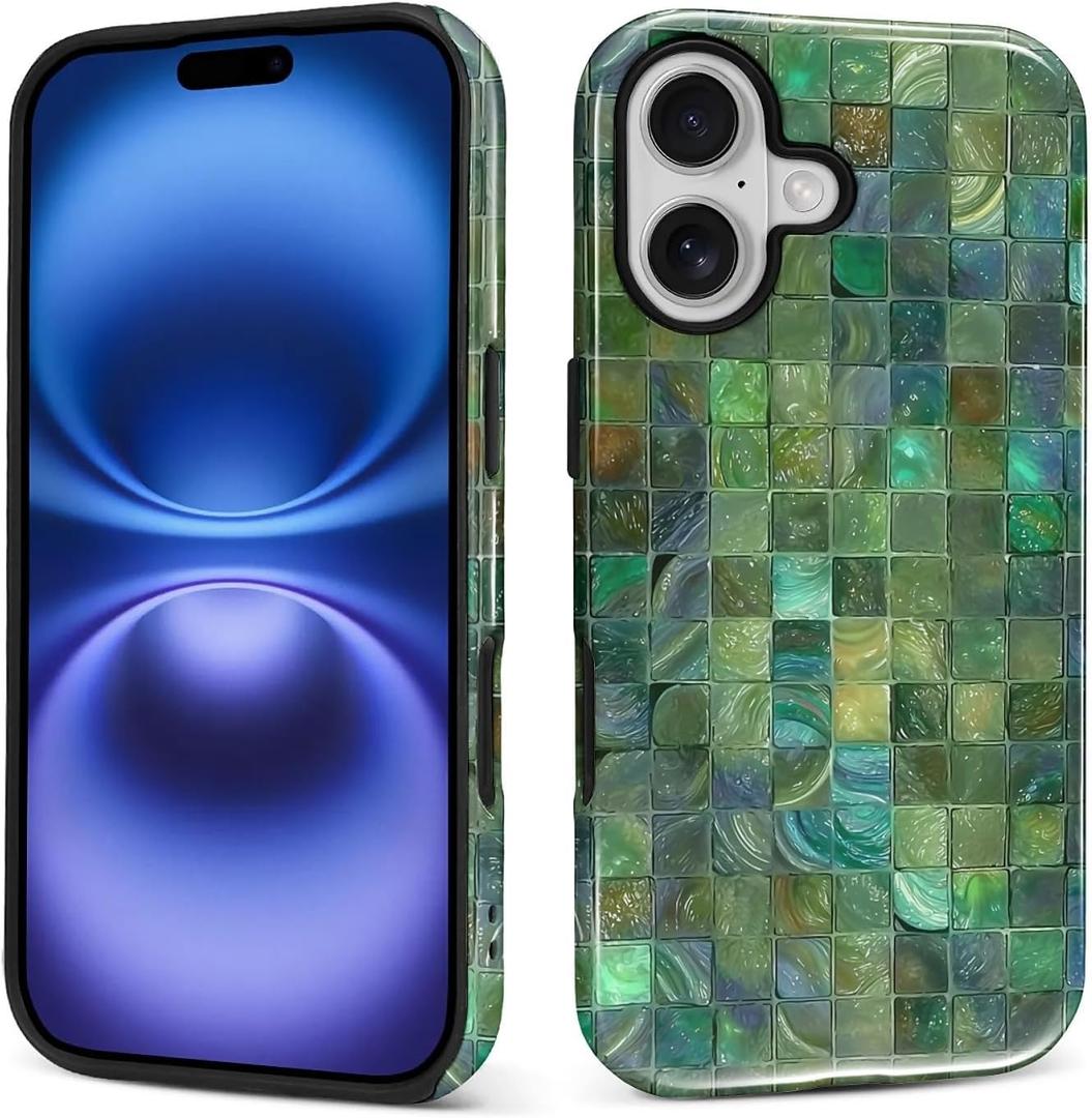 Case for iPhone 17 Case,Green Toned Glass Mosaic Patten Design Hybrid Dual Protection Silicone Hard PC Shockproof Full Body Cover Slim Anti Scratch Protective Case for Men Women