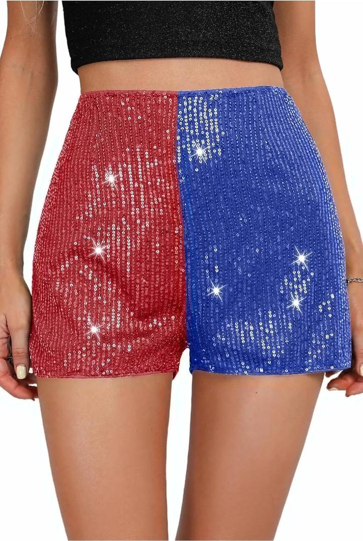 Sequin Shorts for Women, High Waisted Elastic Straight Leg Hot Pants, Party Concert Glitter Sparkle Rave Shorts (X-Small, Red & Blue)