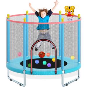 55" Trampoline for Kids, Telawah Indoor/Outdoor Mini Baby with Safety Enclosure Net, Adjustable Toddler with Basketball Hoop, Gifts for Boys & Girls (Blue)