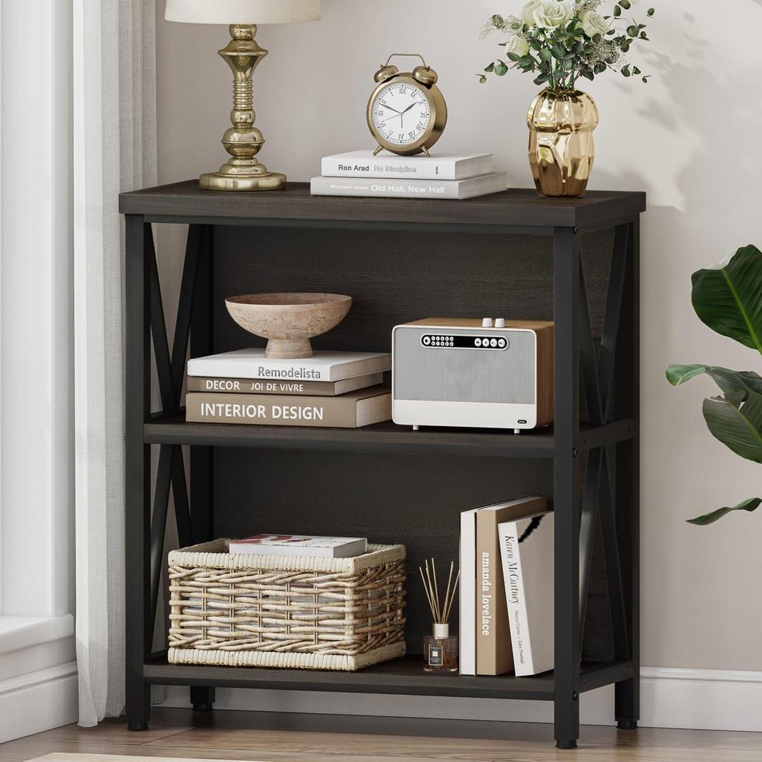 FATORRI Rustic Small Bookshelf for Small Space, Industrial Short Wood Bookcase, Farmhouse Low Book Shelf, 3 Tier Narrow Bookshelf for Living Room, Home Office, Hallway (Walnut Brown) (Without Drawer)