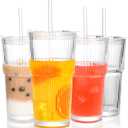 20 oz Ribbed Glass Tumblers With Lids and Straws,Clear Drinking Glasses Set of 4,Reusable Vintage Iced Coffee Cups,Leak Proof Thick Glass Cups for Juice,Cocktail,Smoothie,Beer,Boba