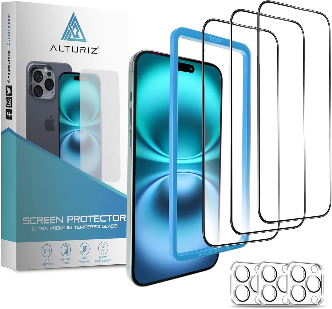 ALTURIZ 3 Screen Protectors for iPhone 15 Pro Max [6.7 inch] + 3 Camera Lens Protectors with Easy Installation Frame. [9H Hardness] Bubble-Free, Case Friendly, Tempered Glass, Full Coverage, Shatterproof [3+3 Pack]