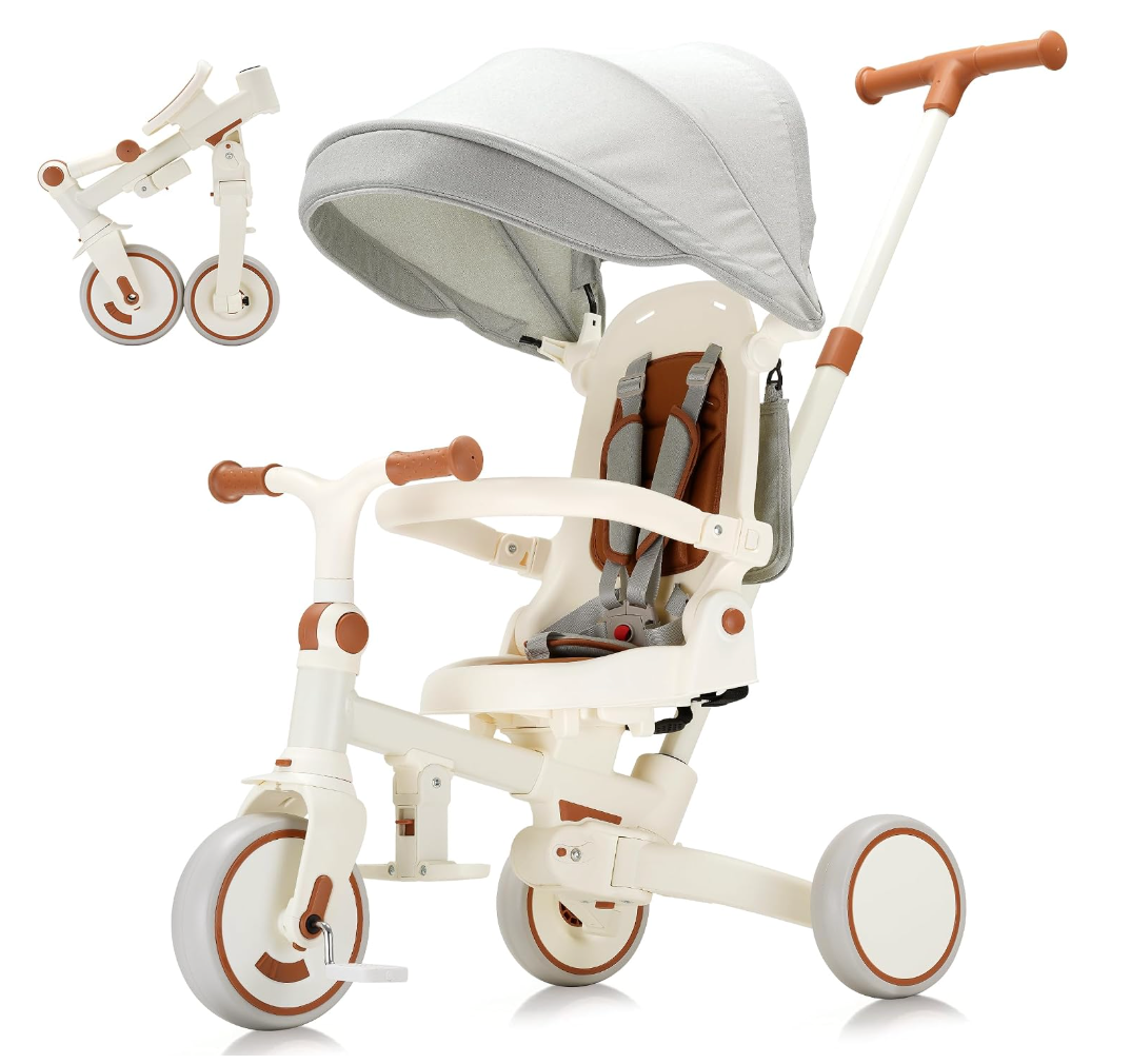 7‑in‑1 Toddler Tricycle, Foldable Kids Trike, 18‑5 Years, Beige