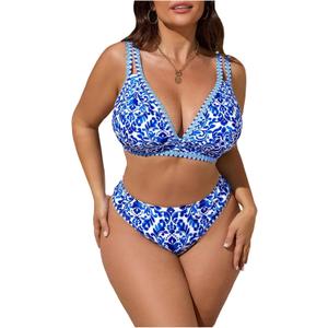 Verdusa Women's Plus Size Floral High Waisted Bikini Sets Double Strap Swimsuit (3X-Large Plus, Blue)
