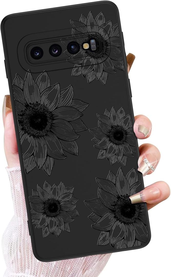 OOK Floral case for Samsung Galaxy S10 Plus Case, Cute Sunflower Floral Blooms Design Soft TPU Shockproof Protective for Women Girls Phone Cover - Black Flower