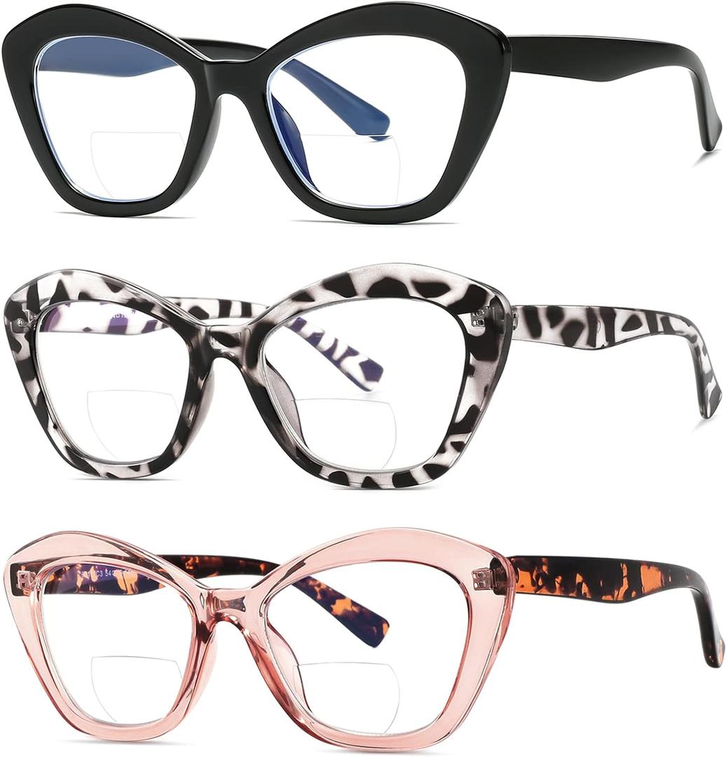 LKEYE Bifocal Reading Glasses for Women Designer Cat Eye Oversized Frame Blue Light Blocking Readers Stylish Eyewear 2 Pack