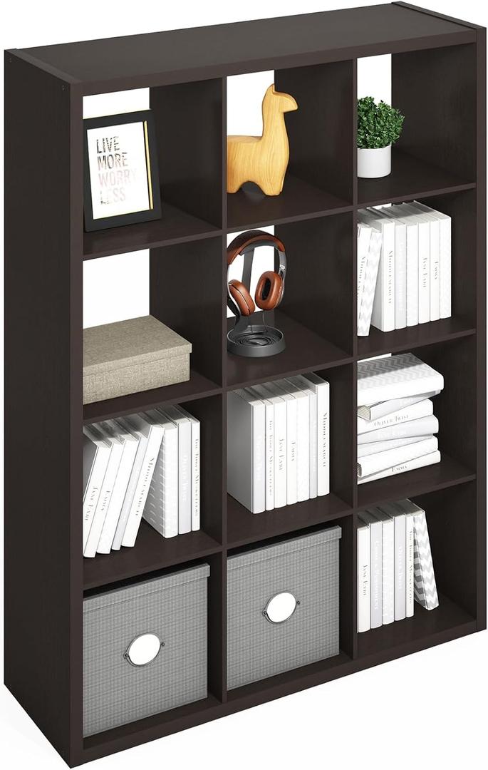Furinno Simple Cube Storage Organizer, 12-Cube Display Shelf, Open Back Shelving Unit, Storage Shelves, Extra Thick Frame, for Organization and Storage, Living Room, Home Office, Dark Oak