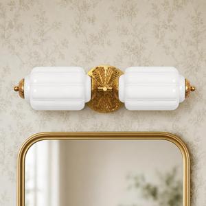 TIBAST Milk Glass Bathroom Vanity 2-Light White Wall Sconce, Vintage Brass